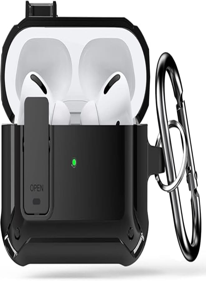 Airpods Pro Case with Keychain, Secure Lock Military Armor Rugged Protective Shockproof Scratch Resistant Hard Shell Cover for Airpods Pro 2019, Front LED Visible - Black